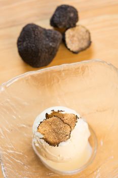 Ice Cream Sundae topped with truffle. Selective focus