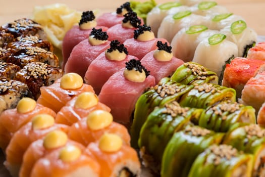 set of Japanese sushi on a white plate