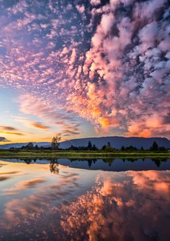 Reflection of dramatic pink clouds in water