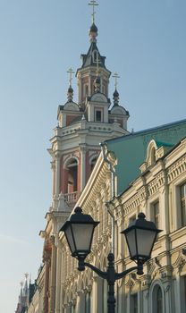 Bell tower of Zaikonospassky monastery on St. Nicholas Street in Moscow