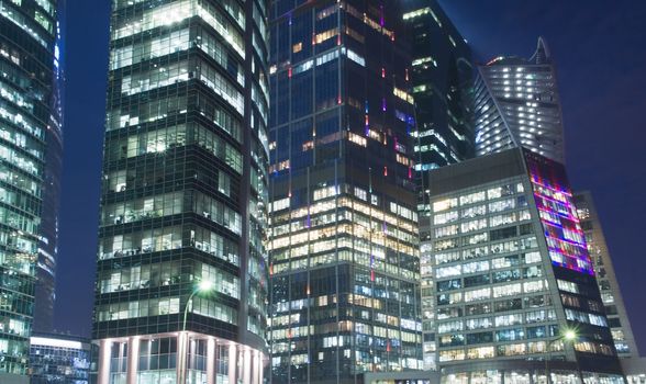 Office buildings of Moscow business center at night