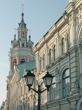 Bell tower of Zaikonospassky monastery on St. Nicholas Street in Moscow