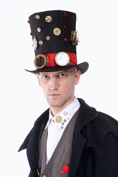 Portrait of a Magician with High Hat, Long Coat and Clock Parts Details