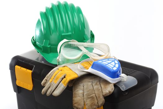 Safety equipment set, close up on white 