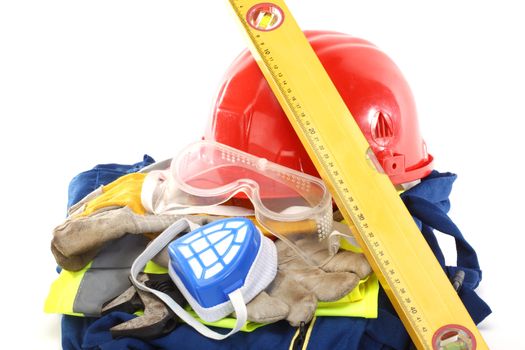 Safety equipment set, close up on white 