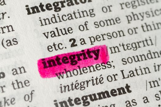 Integrity  Dictionary Definition highlighted in dictionary closeup