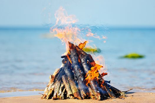 Bright campfire on the sandy beach