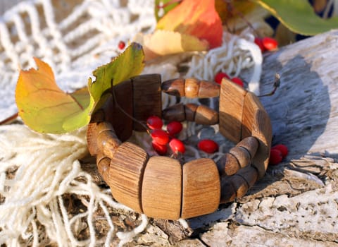 Ethnic handmade wooden bracelet on autumn-style background