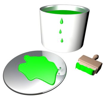 Green paint in barrel with brush, 3d render