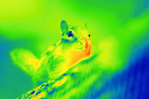 Photo shows a wild chipmunk taken by a thermal camera.