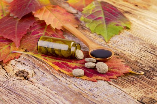 medicine bottle, pills on leaf and syrup in wooden spoon on wooden background