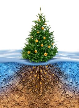 Green Christmas tree with golden balls, roots in soil beneath