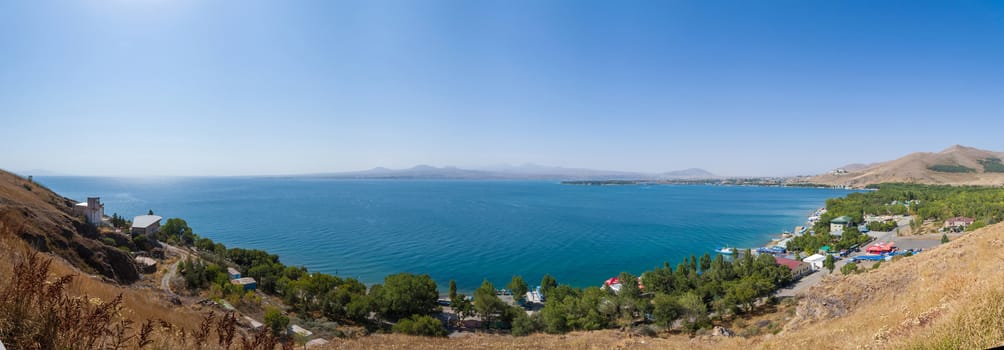 panoramic photo of the Lake Sevan from the hill on the peninsula