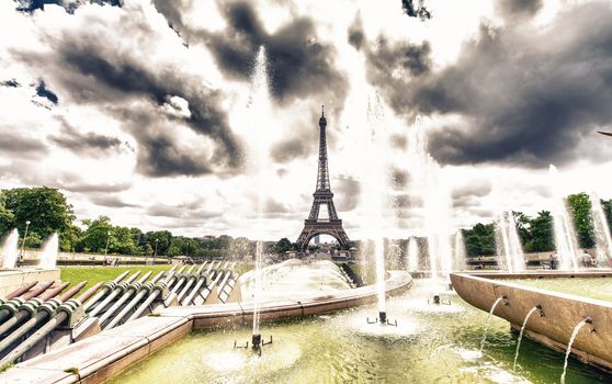 The Eiffel Tower on a beautiful summer day as seen from Trocadero Gardens.