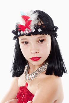 Portrait of Little Girl in Wig and Red Dress in 1930ties Style