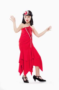 Portrait of Little Girl in Wig and Red Dress in 1930ties Style