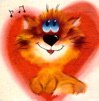 Auburn cheerful fluffy kitten with blue eyes against a background of hearts and notes drawn myaslyanoy paint