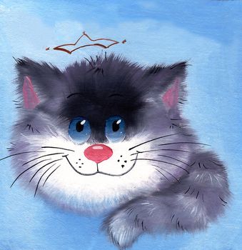 Gray fluffy kitten hilarious with blue eyes drawn myaslyanoy paint