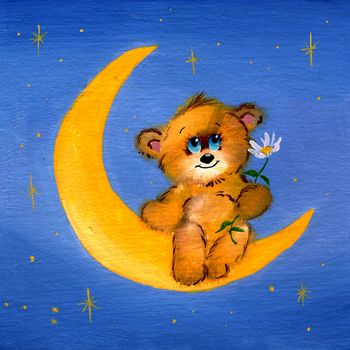 A small brown teddy bear sitting on the moon with chamomile in the paws. The picture painted oil paint.