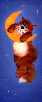 The moon over stars for the favorite! Auburn cheerful fluffy kitten climbed on the moon. picture painted oil paint.