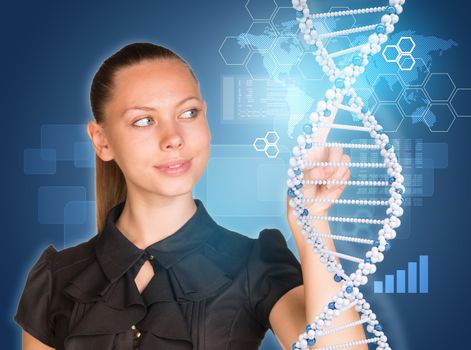 Beautiful woman in dress pointing finger on DNA model. Virtual elements as backdrop