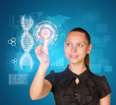 Beautiful businesswoman in dress smiling and presses finger on model of DNA. Scientific and medical concept