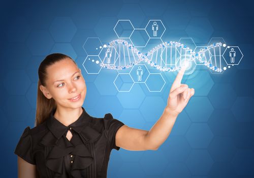 Beautiful businesswoman in dress smiling and presses finger on model of DNA. Scientific and medical concept