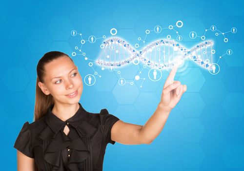 Beautiful businesswoman in dress smiling and presses finger on model of DNA. Scientific and medical concept