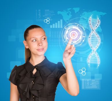 Beautiful businesswoman in dress smiling and presses finger on model of DNA. Scientific and medical concept