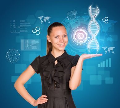 Beautiful businesswoman in dress smiling and holding model of DNA. Scientific and medical concept