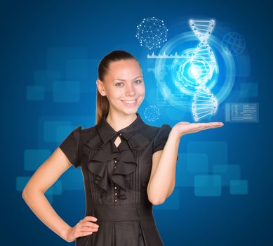 Beautiful businesswoman in dress smiling and holding model of DNA. Scientific and medical concept