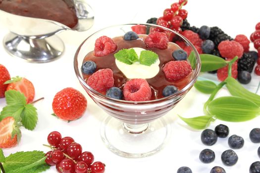 red fruit jelly with vanilla and blueberries on a light background