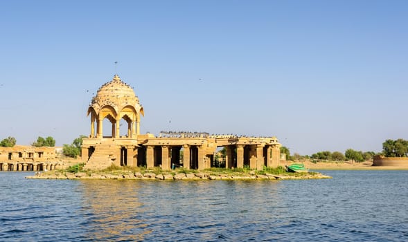 Ancient hindu stone temple in the middle of Gadisar lake, Jaisalmer, Rajasthan