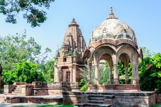Ancient rock curved temples of Hindu Gods and godess at Mandor garden, Jodhpur, Rajasthan, India
