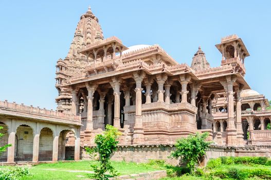 Ancient rock curved temples of Hindu Gods and godess at Mandor garden, Jodhpur, Rajasthan, India
