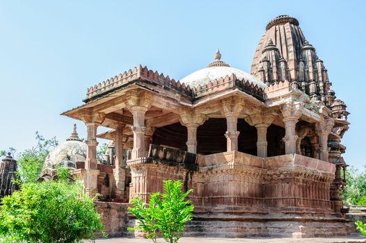 Ancient rock curved temples of Hindu Gods and godess at Mandor garden, Jodhpur, Rajasthan, India