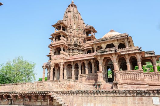 Ancient rock curved temples of Hindu Gods and godess at Mandor garden, Jodhpur, Rajasthan, India