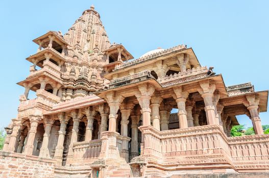 Ancient rock curved temples of Hindu Gods and godess at Mandor garden, Jodhpur, Rajasthan, India