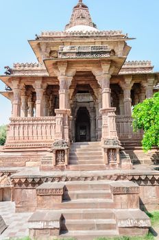 Ancient rock curved temples of Hindu Gods and godess at Mandor garden, Jodhpur, Rajasthan, India