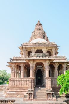Ancient rock curved temples of Hindu Gods and godess at Mandor garden, Jodhpur, Rajasthan, India