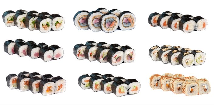 Set of sushi fresh rolls with seaweed