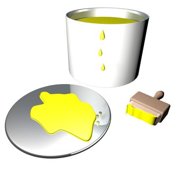 Yellow paint in barrel with brush, 3d render