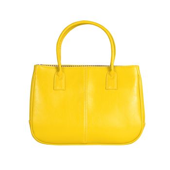 High-resolution image of an isolated yellow leather handbag on white background. High-quality clipping path included.