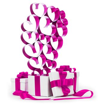 Gifts in white boxes with pink ribbons and hearts isolated on white background