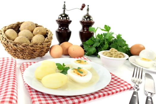 Mustard eggs with potatoes and parsley on bright background