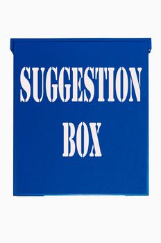 Blue box, Ballot Box, crate, wooden box with inscription suggestion box on a white background.