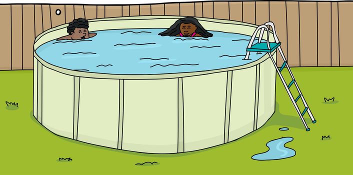 Cartoon of two children in backyard swimming pool