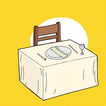 Hand drawn fancy table setting over yellow background