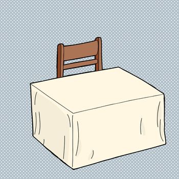 Empty table covered by tablecloth with chair