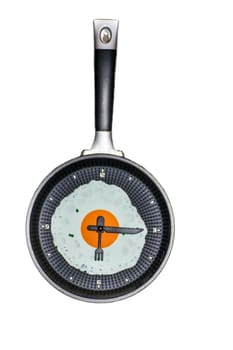 Fried edd and clock on frying pan isolated